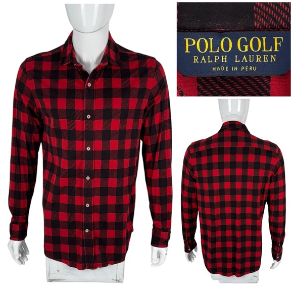 Polo Golf Ralph Lauren Mens Medium Shirt Button Front Red Black Checks Pima EUC - Picture 1 of 9